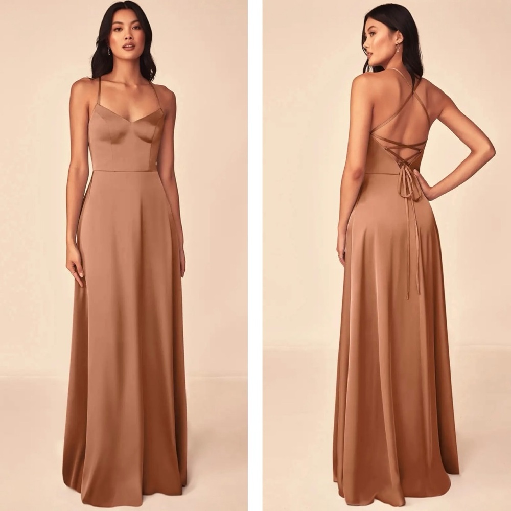 Azazie Mei A-Line V-Neck Stretch Satin Dress In Bronzer